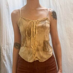 Cream and Tan Lace Up Ribbon Corset Style Cami Vintage Y2K